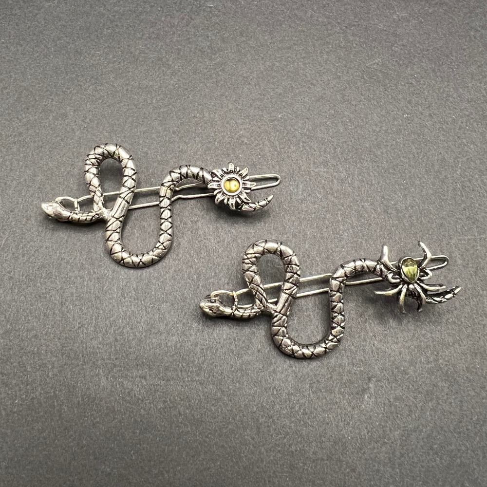 Snake Hair Clips Set 2 Silver Tone Spider Serpent Pins Barrettes Goth Whimsigoth